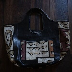 Woven Mudcloth Leather Hobo Tote Bag